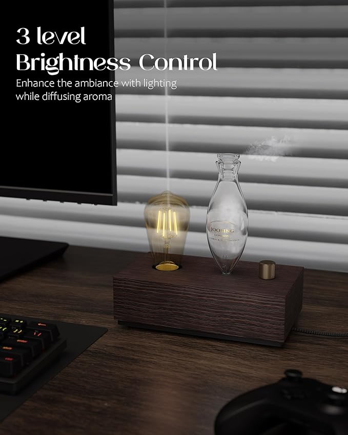 Waterless Essential Oil Diffusers with Rechargeable Battery & 9H Runtime, Aromatherapy Diffusers with Bulb, Scent Diffusers Premium Wood & Glass Nebulizer Cordless for Large Home, Hotels, Rooms