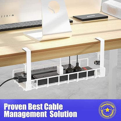 Under Desk Cable Management Tray 2 Pack, Xpatee Upgraded Wire Management No Drill No Screws, Cable Tray with Clamp for Wire Organizers, Computer Cord Rack for Office, Home - No Damage to Desk White