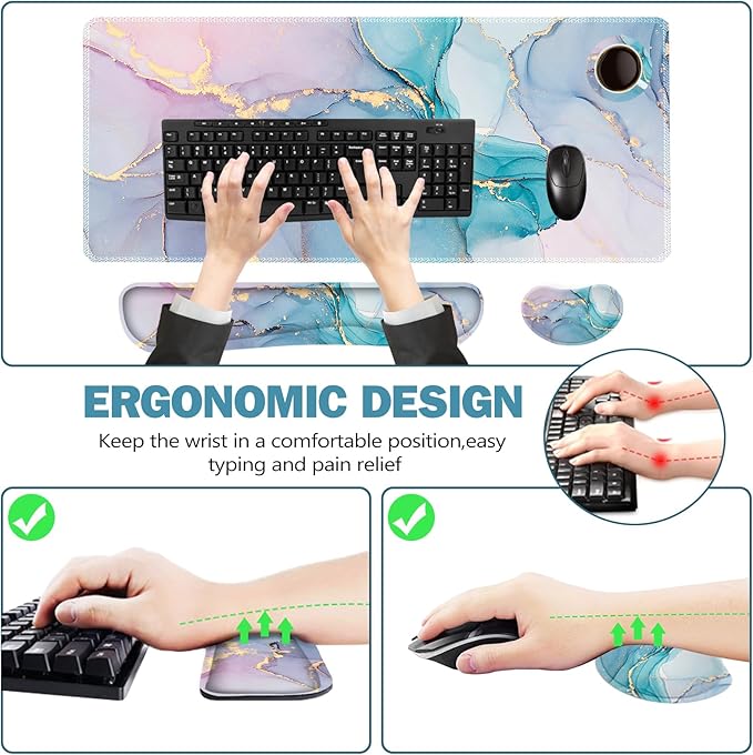 ToLuLu Extended Gaming Mouse Pad, Memory Foam Ergonomic Keyboard Mouse Wrist Rest Support Set, Large Desk Mat with Stitched Edges, Non-Slip Base Mousepad for Home Office Game, Blue Marble