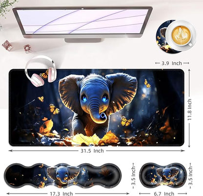 Large Keyboard Mouse Pad Set, Extended Mouse Pad+Keyboard Wrist Rest Support, Memory Foam Ergonomic Easy Typing, 4Pcs (31.5×11.8 in) Desk Pad Set for Office Home,Cute Elephant with Butterflies