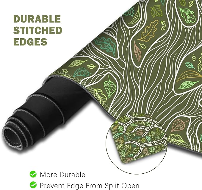 ToLuLu Desk Mat, Gaming Mouse Pad Wrist Support 4 in1 Set, XXL Large Mouse Pad + Keyboard Wrist Rest + Memory Foam Cushion Mouse Wrist Rest for Pain Relieve + Coaster Table Computer PC, Green Leaves