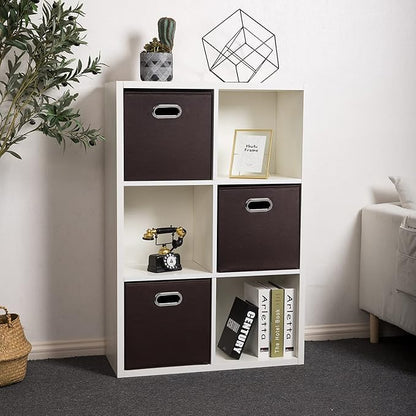 PRANDOM Leather Foldable Cube Storage Bins 11x11 inch [4-Pack] Fabric Storage Baskets Cubes Drawer with Cotton Handles Organizer for Shelves Nursery Closet Bedroom Clothes Brown