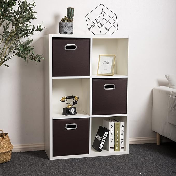 PRANDOM Leather Foldable Cube Storage Bins 13x13 inch [4-Pack] Fabric Storage Baskets Cubes Drawer with Cotton Handles Organizer for Shelves Nursery Closet Bedroom Clothes Brown