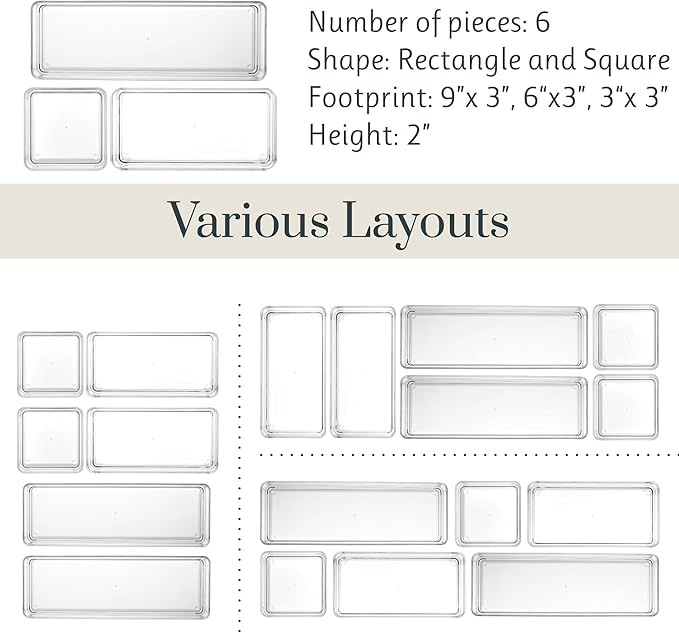 STORi SimpleSort Drawer Organizer Bins 6 pc Set, Multi-size, Bathroom Organizers and Storage, Makeup Organizer, Desk Organizer, Vanity Organizer, Clear Organizing Containers, Made in USA