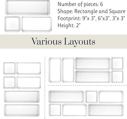 STORi SimpleSort Drawer Organizer Bins 6 pc Set, Multi-size, Bathroom Organizers and Storage, Makeup Organizer, Desk Organizer, Vanity Organizer, Clear Organizing Containers, Made in USA