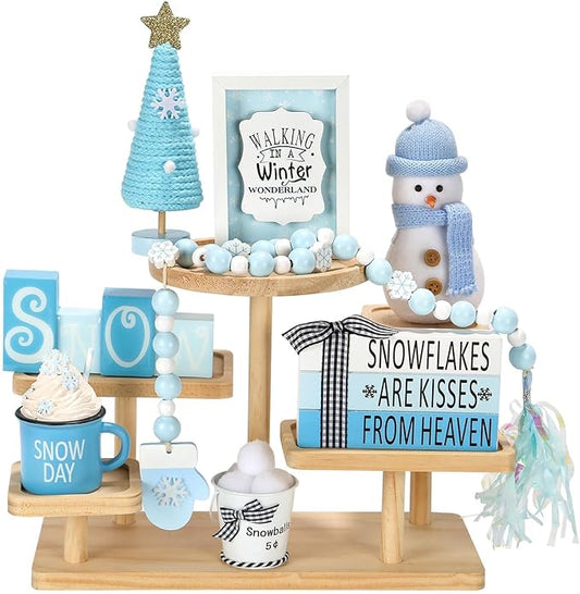 Winter Decoration for Home 8 PCS Tiered Tray Decor Set, Cute Christmas Blue Winter Wonderland Decor for Home Tray Shelf Fireplace Mantel Office Desk Indoor Snowman New Year Holiday Decorations Set