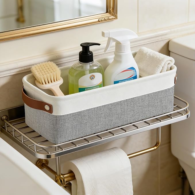 Small Fabric Storage Baskets, 15x6x5 inch Narrow Storage Bins 4-Pack Long Storage Basket for Organizing with Handles, Decorative Basket for Closets, Shelves, Toilet Paper, Grey