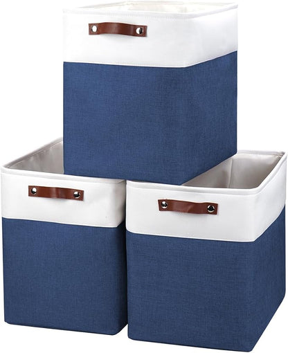 Large Fabric Storage Baskets | 50L Storage Bins, Decorative Linen Closet Baskets with Handles for Organizing, Shelf, Toys, Clothes, Home, Office, Nursery, 17x12x15Inches (Navyblue&White)