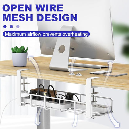 Under Desk Cable Management Tray, 31.5'' No Drill Steel Cable Tray Organizers, Wire Management Tray Cable Rack with Clamp Mount, Metal Under Desk Tray with Wire and Cord Organizer (White, 2 Pack)