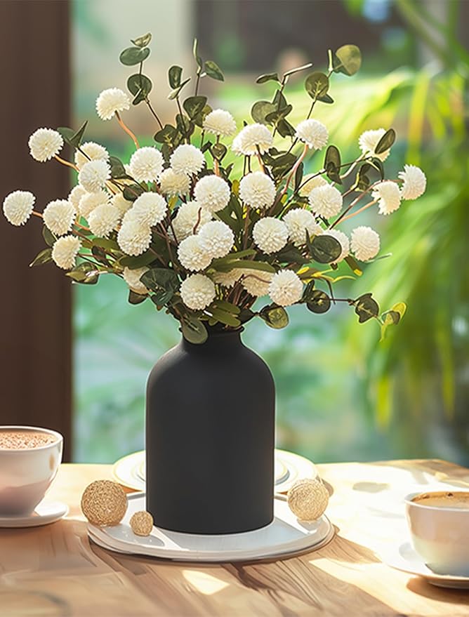 BLOSMON Fake Flowers in Vase for Centerpieces: Metal Vase with 12 Stems of Artificial Mums Kiku Flowers Eucalyptuses Home Table Decor - White Faux Pom Poms Floral Arrangements for Living Room