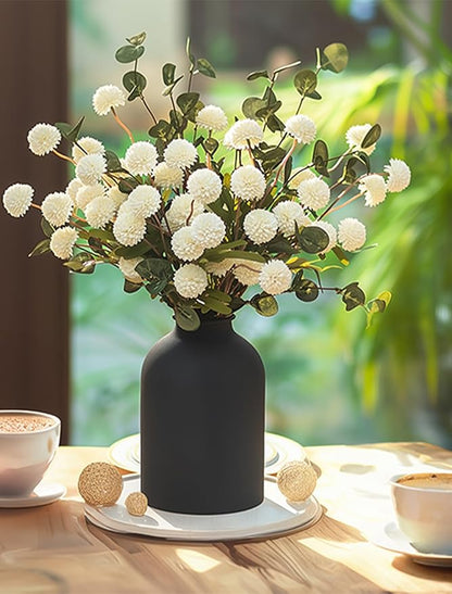 BLOSMON Fake Flowers in Vase for Centerpieces: Metal Vase with 12 Stems of Artificial Mums Kiku Flowers Eucalyptuses Home Table Decor - White Faux Pom Poms Floral Arrangements for Living Room