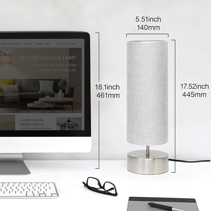 Bedside Touch Lamp, 3 way Touch Control Table Lamp with Silver Base, Modern Gray Nightstand Lamp with Cylinder Shade, Simple Dimmable Night Light for Bedroom Living Room Kitchen, LED Bulb Included