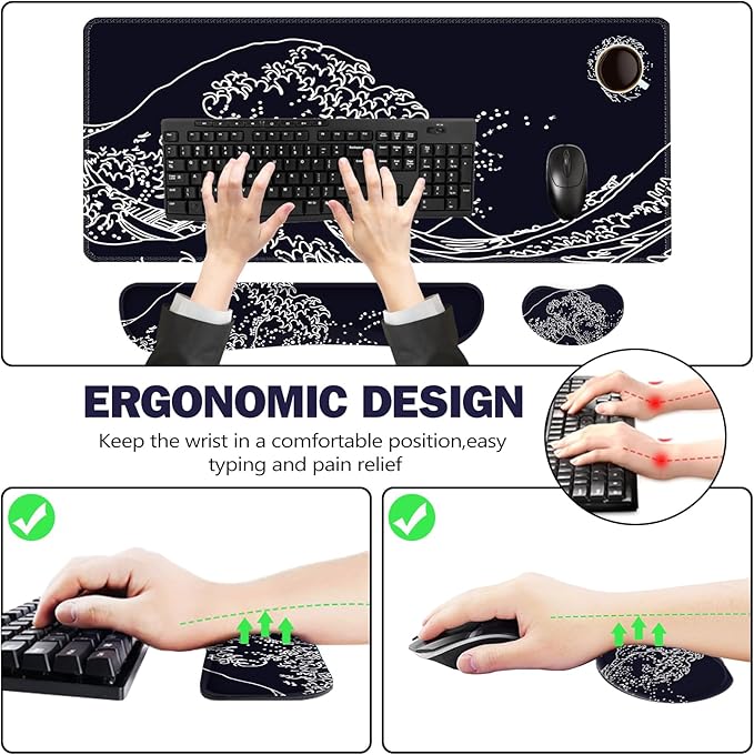 ToLuLu Extended Gaming Mouse Pad, Memory Foam Ergonomic Keyboard Mouse Wrist Rest Support Set, Large Desk Mat with Stitched Edges, Non-Slip Base Mousepad for Home Office Game, Black Wave of Kanagawa