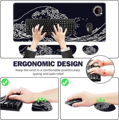 ToLuLu Extended Gaming Mouse Pad, Memory Foam Ergonomic Keyboard Mouse Wrist Rest Support Set, Large Desk Mat with Stitched Edges, Non-Slip Base Mousepad for Home Office Game, Black Wave of Kanagawa