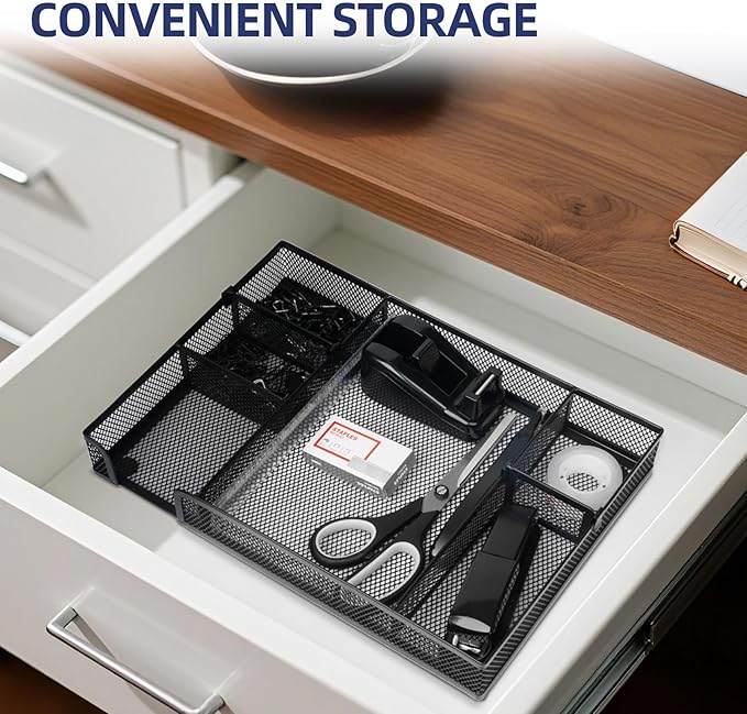 Office Desk Accessories, Desk Organizers and Accessories, Stapler and Tape Dispenser Set Metal Storage Box,Stapler,Staple Remover,Paper Clips,Ruler,Scissors.Suitable for Office and Study Use,Black