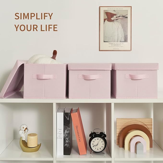 GRANNY SAYS Pink Storage Bins with Lids, Barbie Storage Organizer, Doll Toy Boxes, Stackable Fabric Storage Baskets for Closet, Baby Room, Nursery, 3-Pack