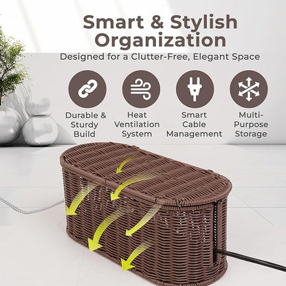 Cable Management Box, Handmade Rattan Cable Organizer, 2 Open Slots Cords Hider Box, Under Desk Cord Organizer for Computer Router USB Hub & Power Strip, Patent Pending, 15.9" x 6.5" x 6.5", Brown