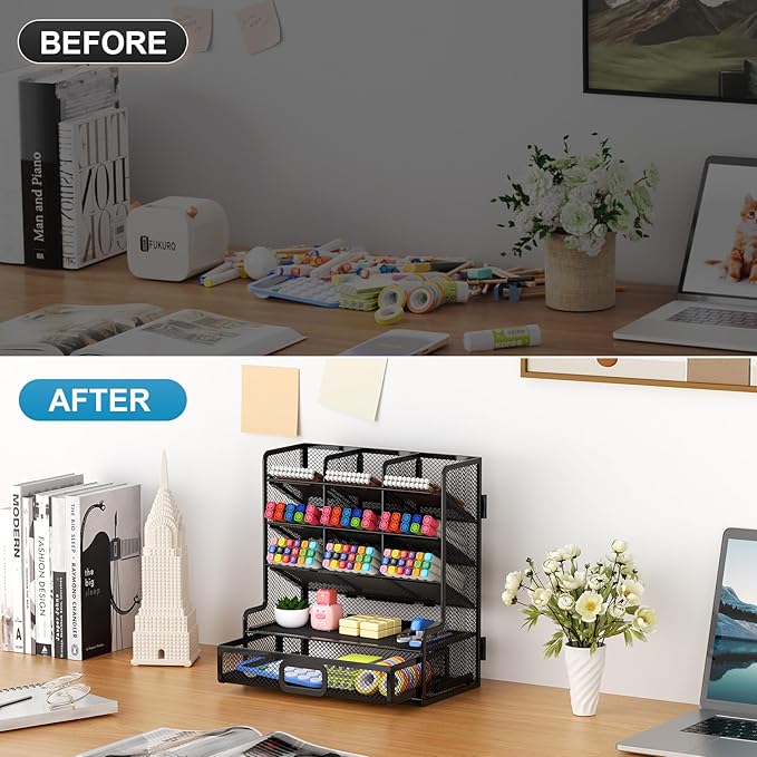 Marbrasse Larger Mesh Desk Organizer with Drawer, Multi-Functional Pen Pencil Holder, Easy Assembly, Desk Organizers and Accessories for Office Art Supplies (Black)