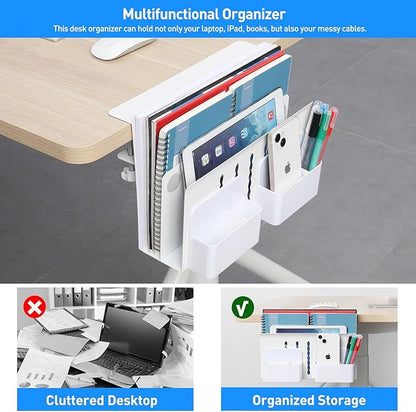 MAXECHO Desk Side Storage, Under Desk Laptop Mount, Table Side Hanging File Organizer, No Drill Clamp On Cable Management Tray, Laptop Holder with Magnetic Pen Holder for Office and Home, Load 22 Lbs