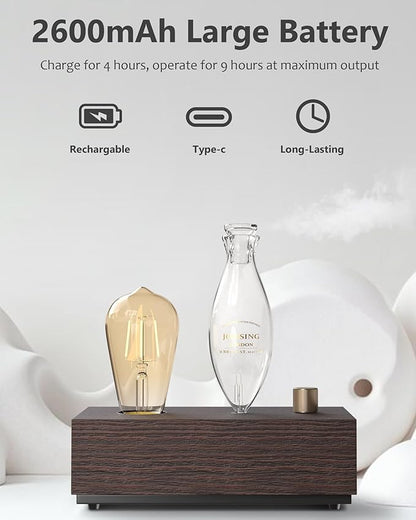 Waterless Essential Oil Diffusers with Rechargeable Battery & 9H Runtime, Aromatherapy Diffusers with Bulb, Scent Diffusers Premium Wood & Glass Nebulizer Cordless for Large Home, Hotels, Rooms
