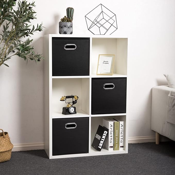 PRANDOM Leather Foldable Cube Storage Bins 13x13 inch [4-Pack] Fabric Storage Baskets Cubes Drawer with Cotton Handles Organizer for Shelves Nursery Closet Bedroom Clothes Black