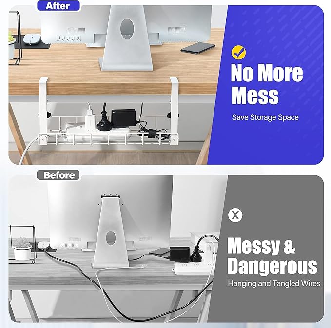 Under Desk Cable Management Tray 2 Pack, Xpatee Upgraded Wire Management No Drill No Screws, Cable Tray with Clamp for Wire Organizers, Computer Cord Rack for Office, Home - No Damage to Desk White