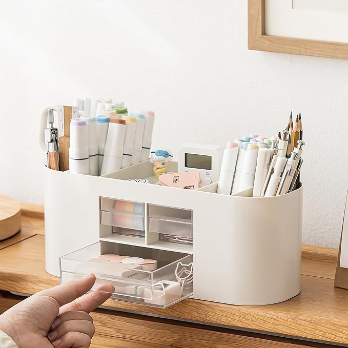 INSTOME Pencil Pen Holder for Desk with 3 Drawers - All-In-One Desk Organizer - Perfect Desk Accessories for Office Use - Stylish & Convenient Desk Organizers and Accessories (Beige)