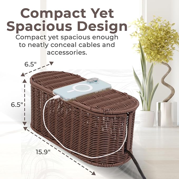 Cable Management Box, Handmade Rattan Cable Organizer, 2 Open Slots Cords Hider Box, Under Desk Cord Organizer for Computer Router USB Hub & Power Strip, Patent Pending, 15.9" x 6.5" x 6.5", Brown