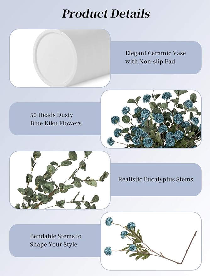 BLOSMON Blue Artificial Flowers for Decoration: Ceramic Vase with 12 Stems of Dusty Blue Flowers Fake Mums Kiku Eucalyptuses for Home Table Centerpieces - Faux Pom Poms Floral Arrangement Dining Room