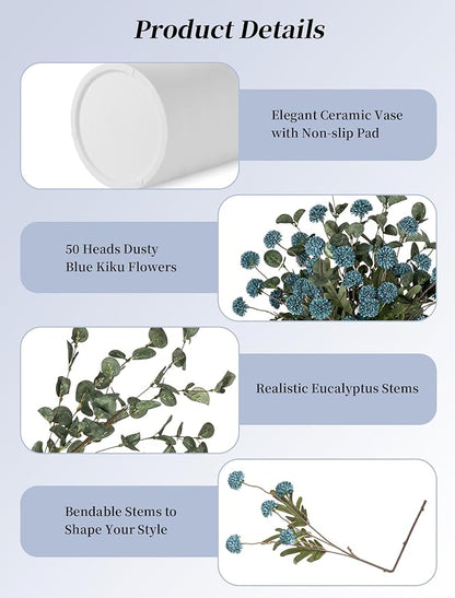 BLOSMON Blue Artificial Flowers for Decoration: Ceramic Vase with 12 Stems of Dusty Blue Flowers Fake Mums Kiku Eucalyptuses for Home Table Centerpieces - Faux Pom Poms Floral Arrangement Dining Room