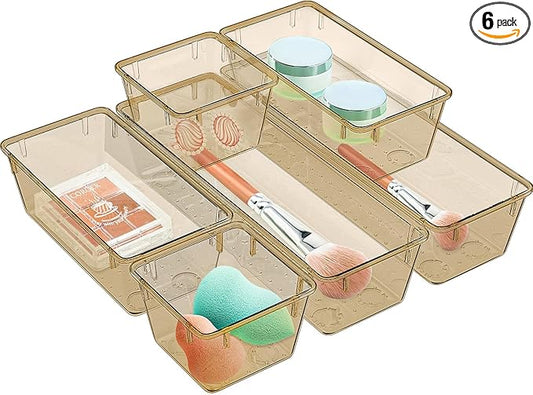 WOWBOX 6 Pack Clear Drawer Organizer Set, Acrylic Drawer Storage Trays, Storage Bins for Makeup, Cosmetics, Jewelries, Utensils, Gadgets, Office, Champagne