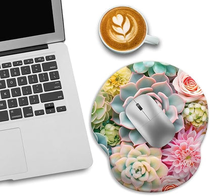 Succulents Ergonomic Mouse Pad with Wrist Rest, Gaming Mouse Pad with Wrist Support, Funny Computer Mousepad with Non-Slip Pain Relief PU Base, Cute Office Desk Accessories Decor Supplies
