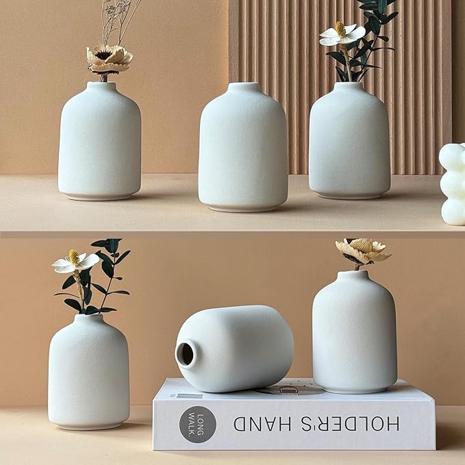 Modern White Small Ceramic Vase Set of 6 for Living Room Bedroom 4.13'' Minimalist Fresh Flower Vases for Home Decor Office Fireplace Centerpieces Nordic Style Gift for Fake Plant 6 Pack