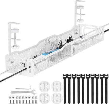 Cable Management, 25'' Cable Management Under Desk No Drill, Metal Cord Organizer with Clamp for Standing Desk, Cable Organizer for Home Office, White