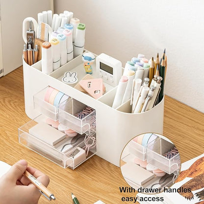 INSTOME Pencil Pen Holder for Desk with 3 Drawers - All-In-One Desk Organizer - Perfect Desk Accessories for Office Use - Stylish & Convenient Desk Organizers and Accessories (Beige)