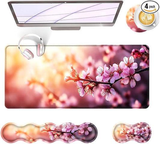 Large Keyboard Mouse Pad Set, Extended Mouse Pad+Keyboard Wrist Rest Support, Memory Foam Ergonomic Easy Typing, 4Pcs (31.5×11.8 in) Desk Pad Set for Office Home,Cherry Blossom Floral