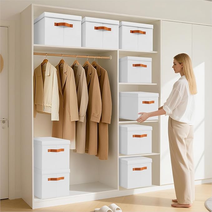 Storage Bins with Lids - Fabric Storage Baskets for Shelves, 4 Pack Foldable Decorative Boxes with Handles, Stackable Organizer Bins for Home, Nursery, Dorm, White