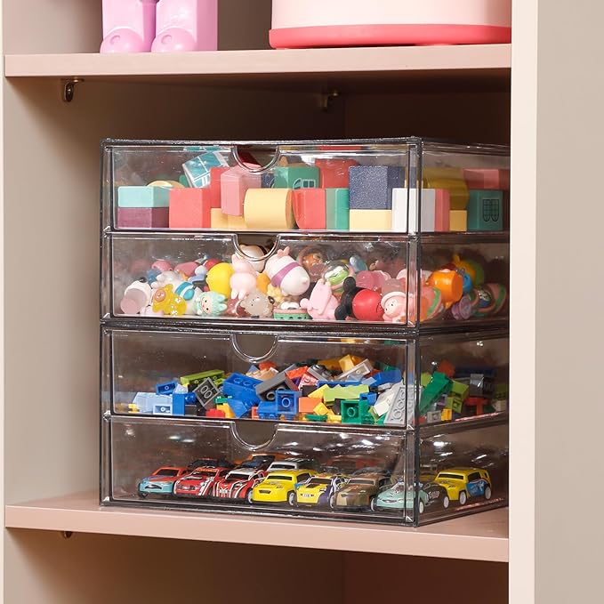 Clear Desk Organizers and Accessories, Plastic Drawer Organizer for Home Office Supplies, Marker Pen, Notebooks, Art Crafts, Stackable Makeup Storage Box for Bathroom Vanity (4 Drawers)