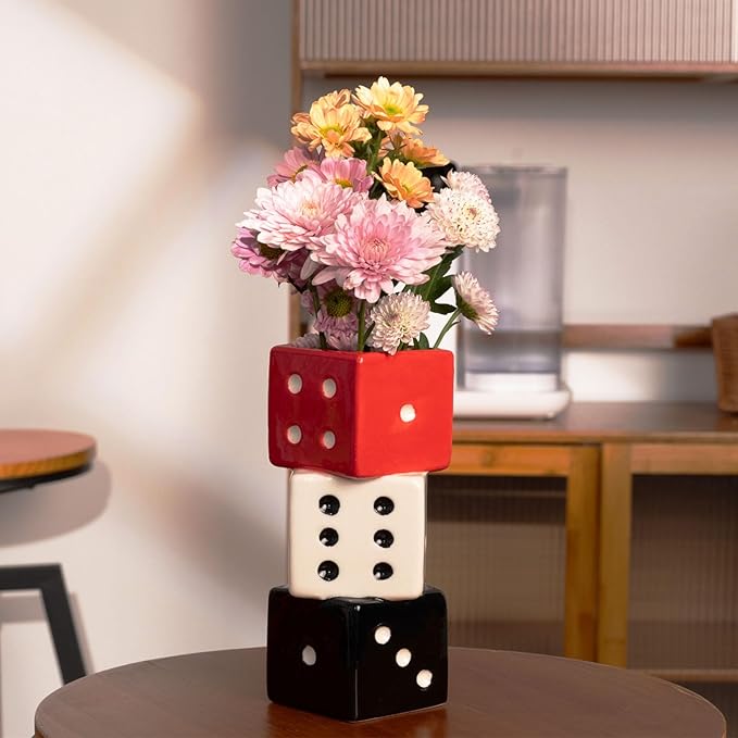 Funky Dice Vase - Unique Ceramic Home Decor for Bars| Stylish Black, White & Red Geometric Design | Perfect for Fresh, Dried, or Artificial Flower Arrangements | Ideal Gift for Art Lovers