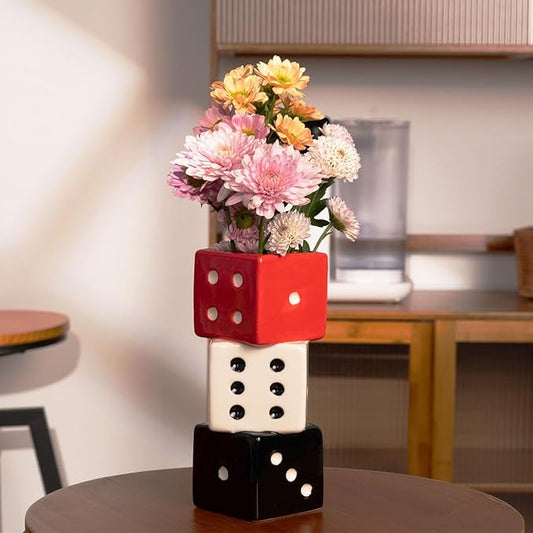 Funky Dice Vase - Unique Ceramic Home Decor for Bars| Stylish Black, White & Red Geometric Design | Perfect for Fresh, Dried, or Artificial Flower Arrangements | Ideal Gift for Art Lovers