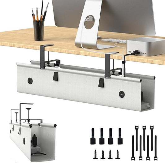 Under Desk Cable Management Tray, 30-inch No-Drill Cord Organizer with Anti-Sag Reinforced Base, Fabric Wire Management Hider for Standing Desk, Office & Gaming Accessories - Grey