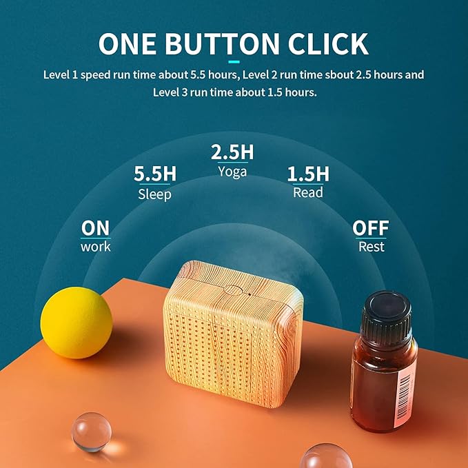 Weljoy Wood Grain Portable Diffuser for Essential Oils – Car or Travel, Mini Size, Quiet, Waterless, Re-Chargeable Battery or USB (Wood Grain)