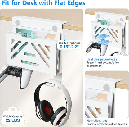 MAXECHO Desk Side Storage, Under Desk Laptop Mount, Table Side Hanging File Organizer, No Drill Clamp On Cable Management Tray, Laptop Holder with 2 Hooks for Office and Home, Load 22 Lbs