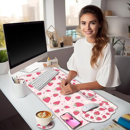 Strawberry Mouse Pad Desk Mat Set, Pink Ergonomic Mouse Pad with Wrist Rest, Large Gaming Mousepad Wrist Support Keyboard Mat Cup Coaster Set, Cute Office Desk Decor Accessories Supplies
