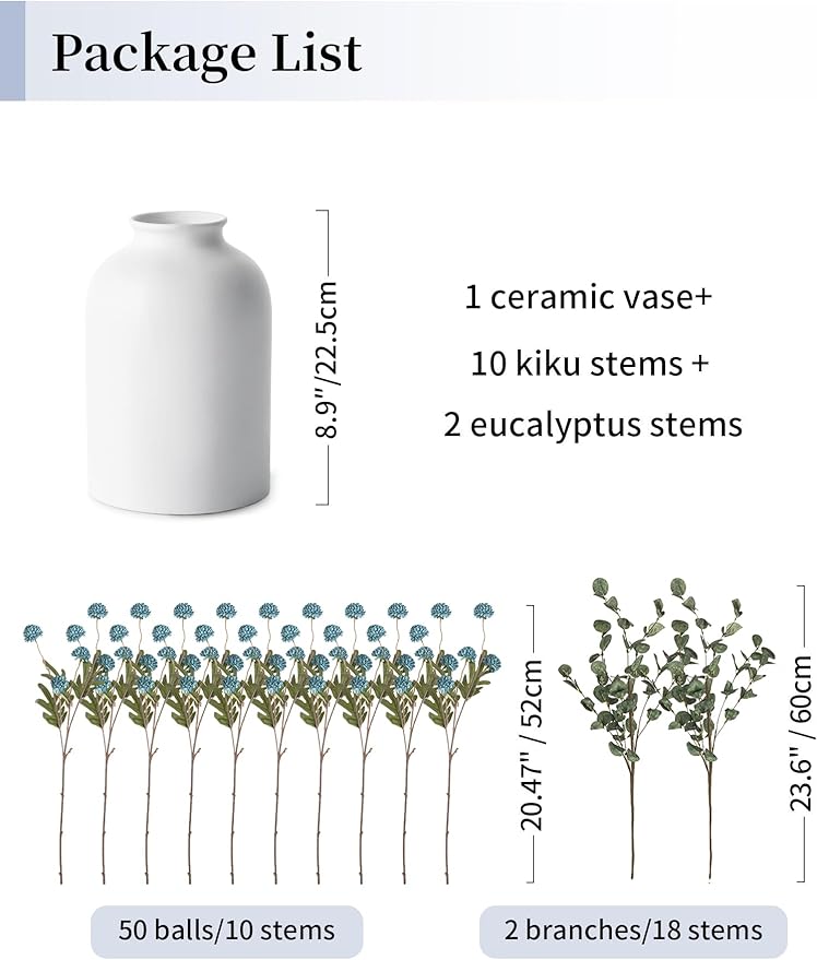 BLOSMON Blue Artificial Flowers for Decoration: Ceramic Vase with 12 Stems of Dusty Blue Flowers Fake Mums Kiku Eucalyptuses for Home Table Centerpieces - Faux Pom Poms Floral Arrangement Dining Room