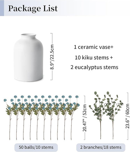 BLOSMON Blue Artificial Flowers for Decoration: Ceramic Vase with 12 Stems of Dusty Blue Flowers Fake Mums Kiku Eucalyptuses for Home Table Centerpieces - Faux Pom Poms Floral Arrangement Dining Room