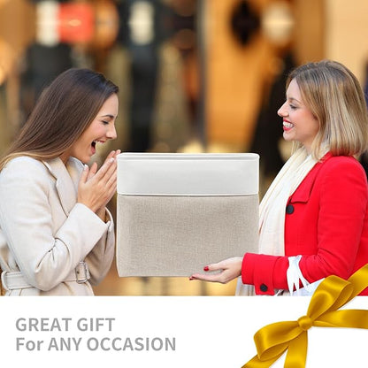 Large Fabric Storage Baskets | 50L Storage Bins, Decorative Linen Closet Baskets with Handles for Organizing, Shelf, Toys, Clothes, Home, Office, Nursery, 17x12x15Inches (Beige&White)