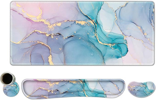 ToLuLu Extended Gaming Mouse Pad, Memory Foam Ergonomic Keyboard Mouse Wrist Rest Support Set, Large Desk Mat with Stitched Edges, Non-Slip Base Mousepad for Home Office Game, Blue Marble