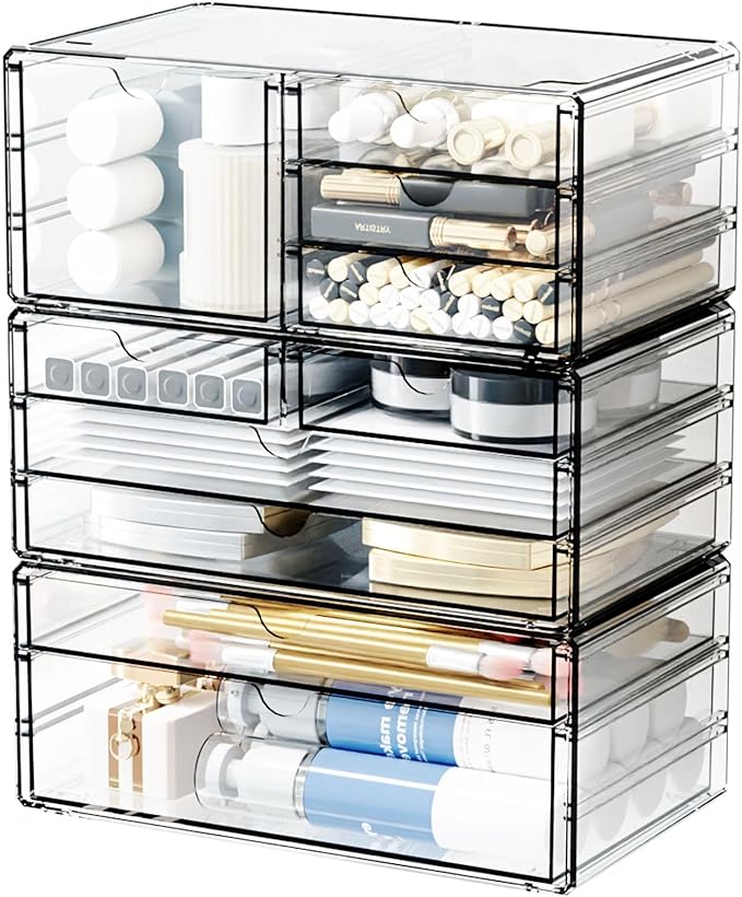 Yieach 3Pack Clear Drawer Organizers Stackable,Acrylic Storage Drawers With 10 Drawers,Multipurpose Office Supply Organizer and Makeup Organizer for Beauty,Craft,Pen,Medical,Stationary Desk Organizers