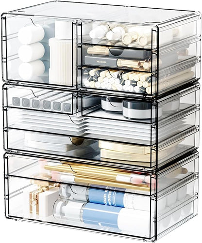 Yieach 3Pack Clear Drawer Organizers Stackable,Acrylic Storage Drawers With 10 Drawers,Multipurpose Office Supply Organizer and Makeup Organizer for Beauty,Craft,Pen,Medical,Stationary Desk Organizers